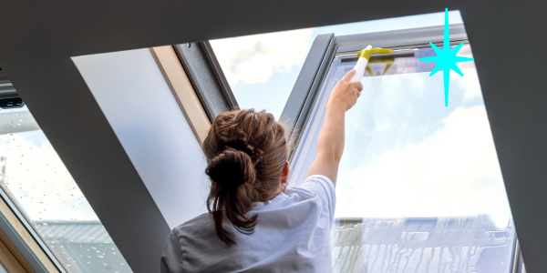 Window cleaner cleaning skylight from the inside