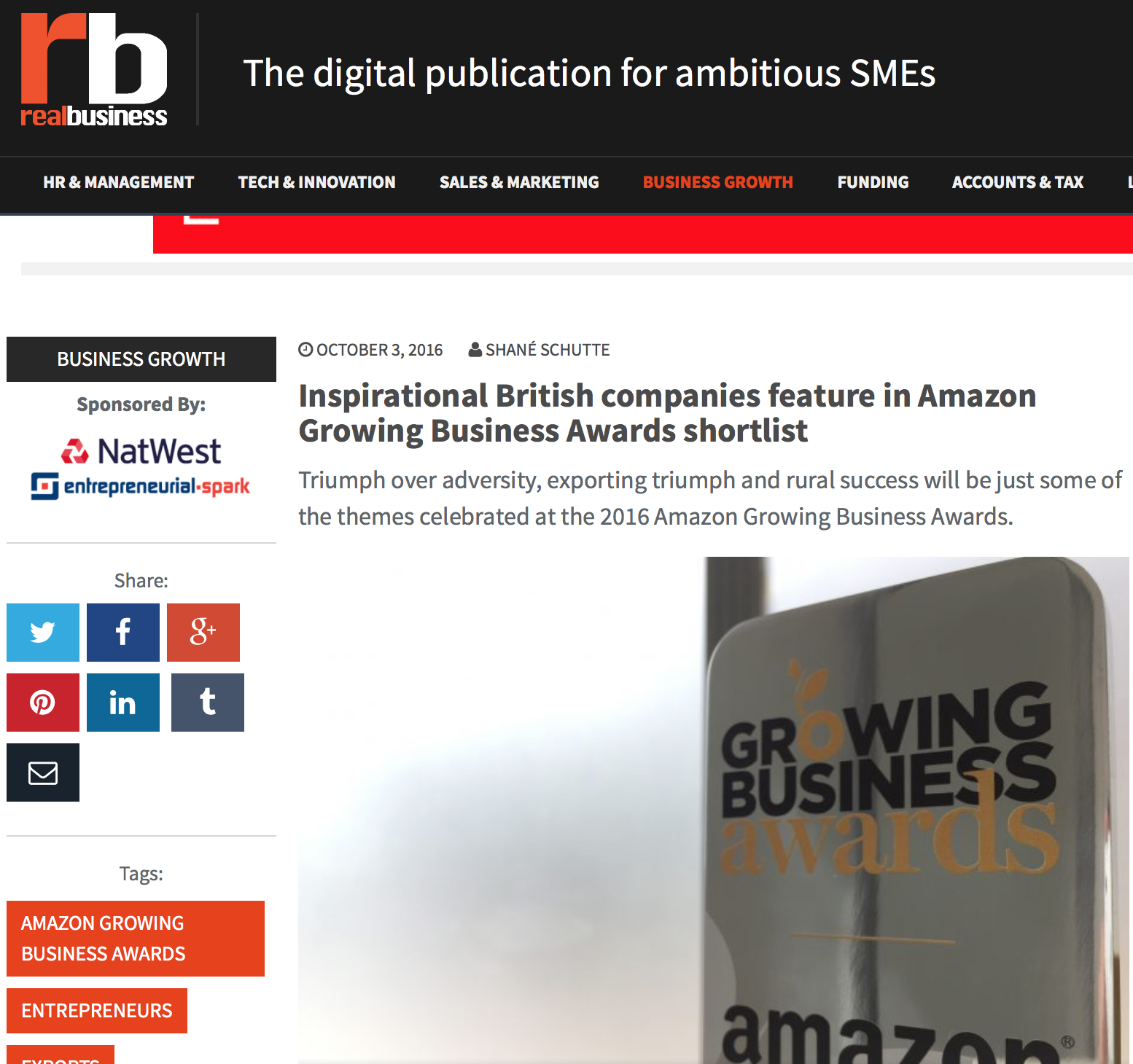 Real Business - Inspirational British companies feature in Amazon Growing Business Awards shortlist