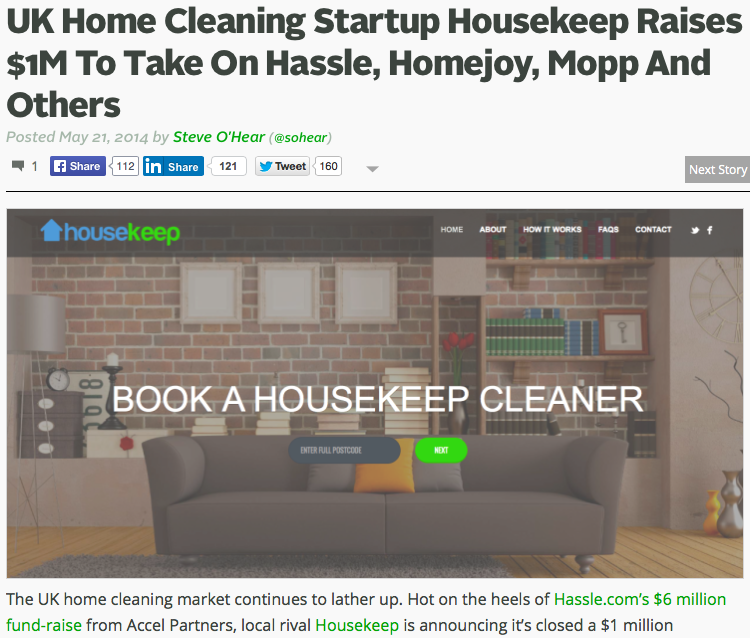 Tech Crunch - UK Home Cleaning Startup Raises $1m