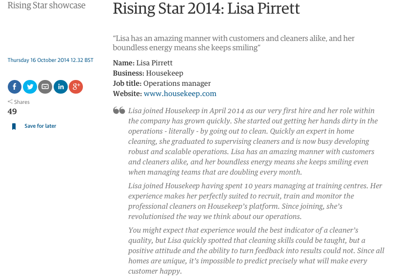 The Guardian - Rising Star 2014: Lisa Pirrett