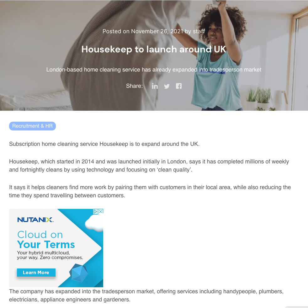 BusinessCloud - Housekeep to launch around UK
