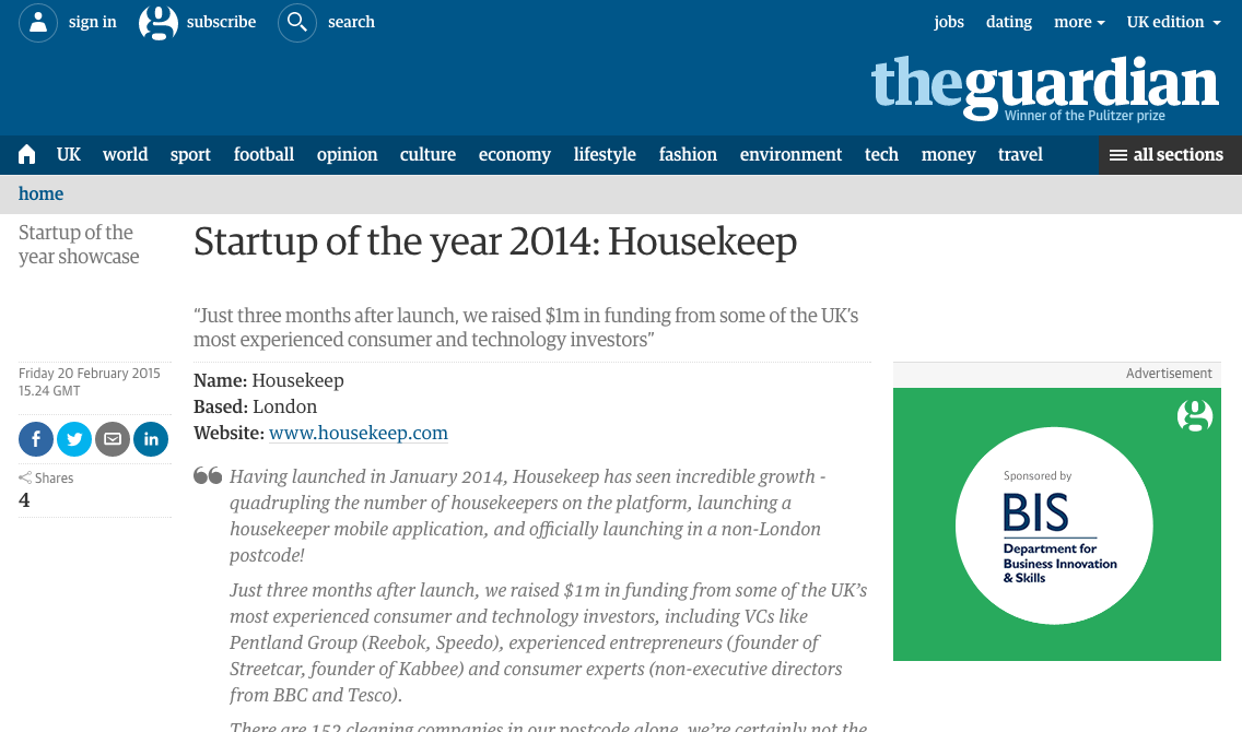 The Guardian - Start up of the Year 2014