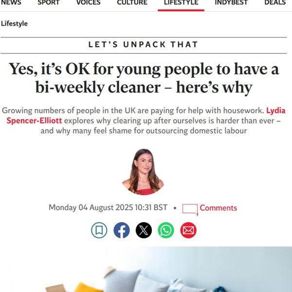 The Independent - Yes, it's ok for young people to have a bi-weekly cleaner