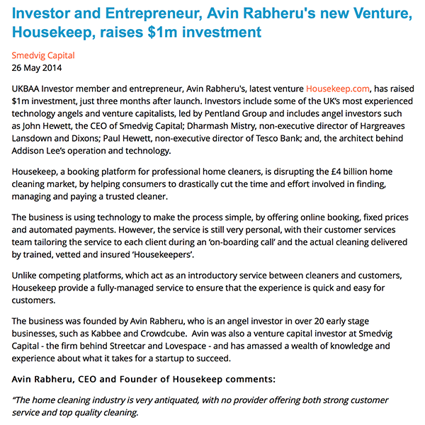UKBAA - Investor and Entrepreneur, Avin Rabheru's new Venture, Housekeep, raises $1m investment