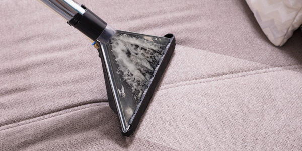 Professional upholstery cleaner using hot water extraction to clean sofa
